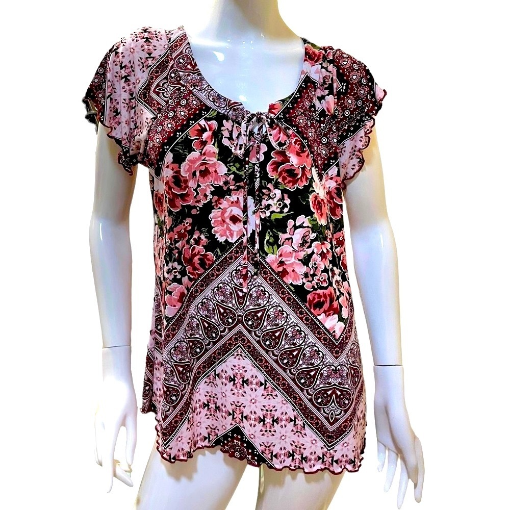 Diana Bell Boho Floral Print Top Ruffle Short Sleeve 2X
